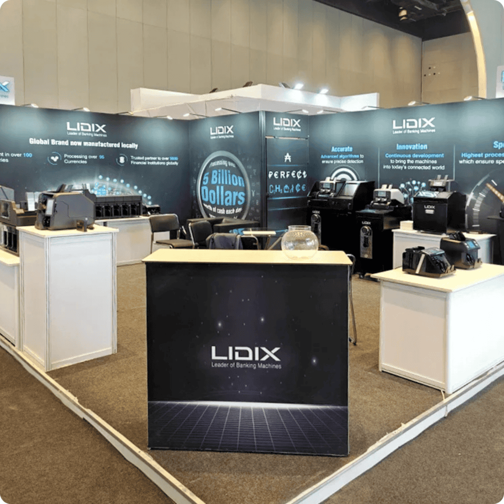 LIDIX banking machines displayed at a trade show booth for film production and event coverage.